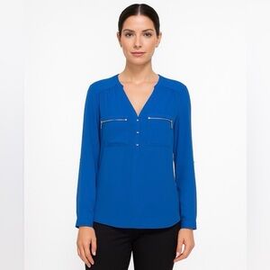 Reitmans | Royal Blue Buttoned Blouse with Silver Accents Relaxed Fit